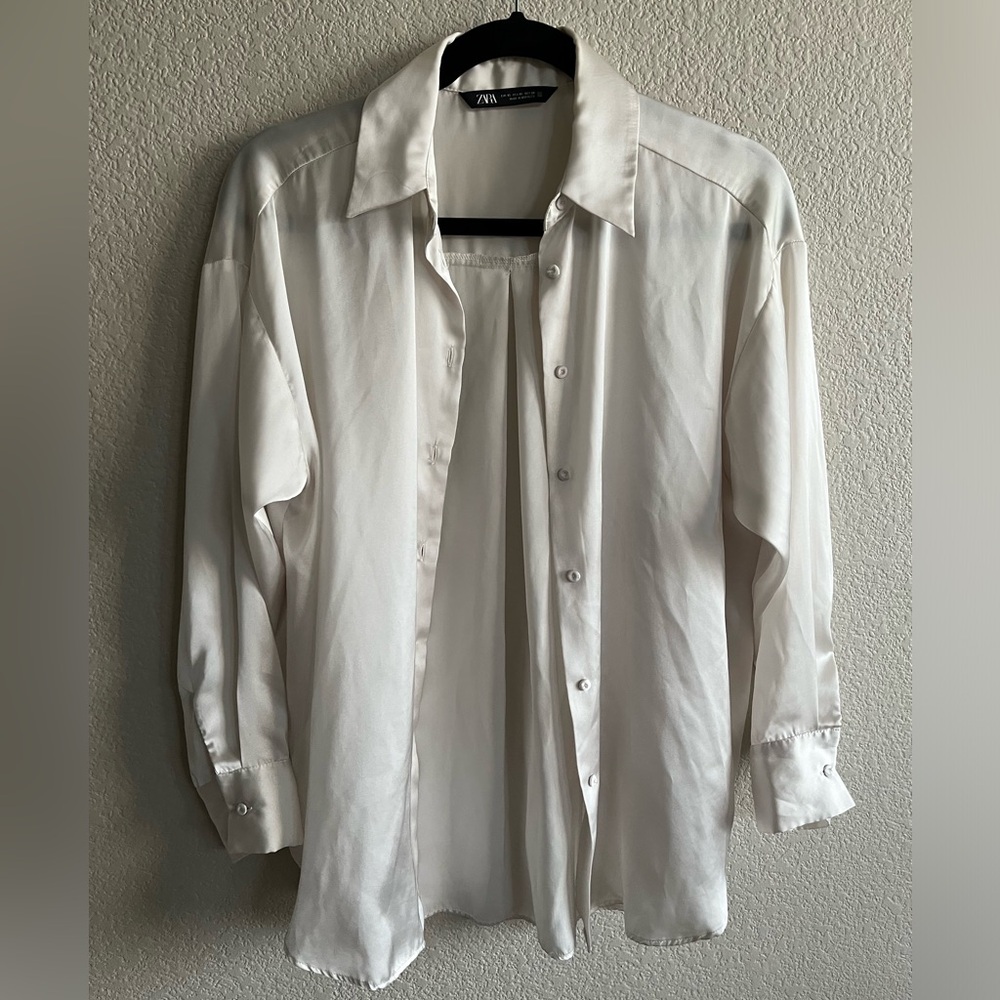Zara Classic Ivory Satin Button-Up Blouse